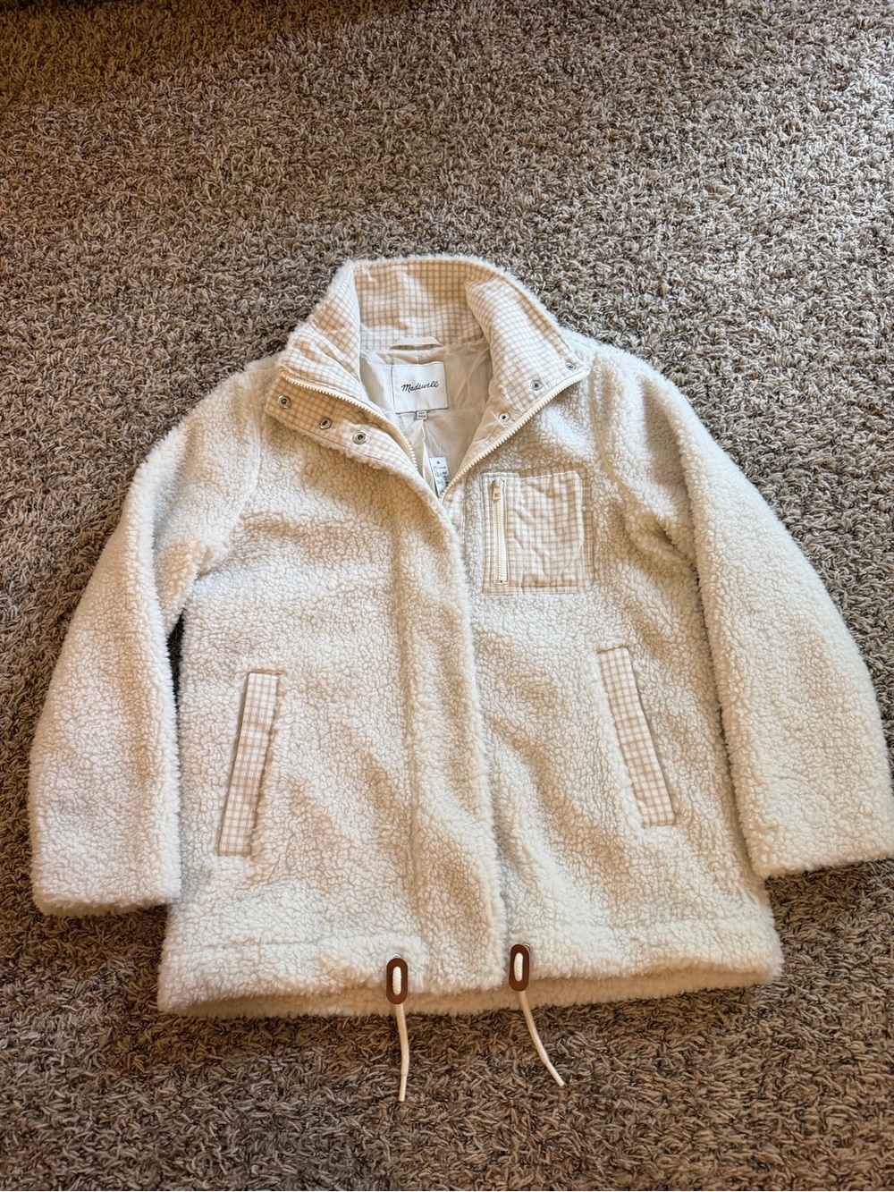 Madewell Cream Sherpa Zip Jacket with Plaid Trim